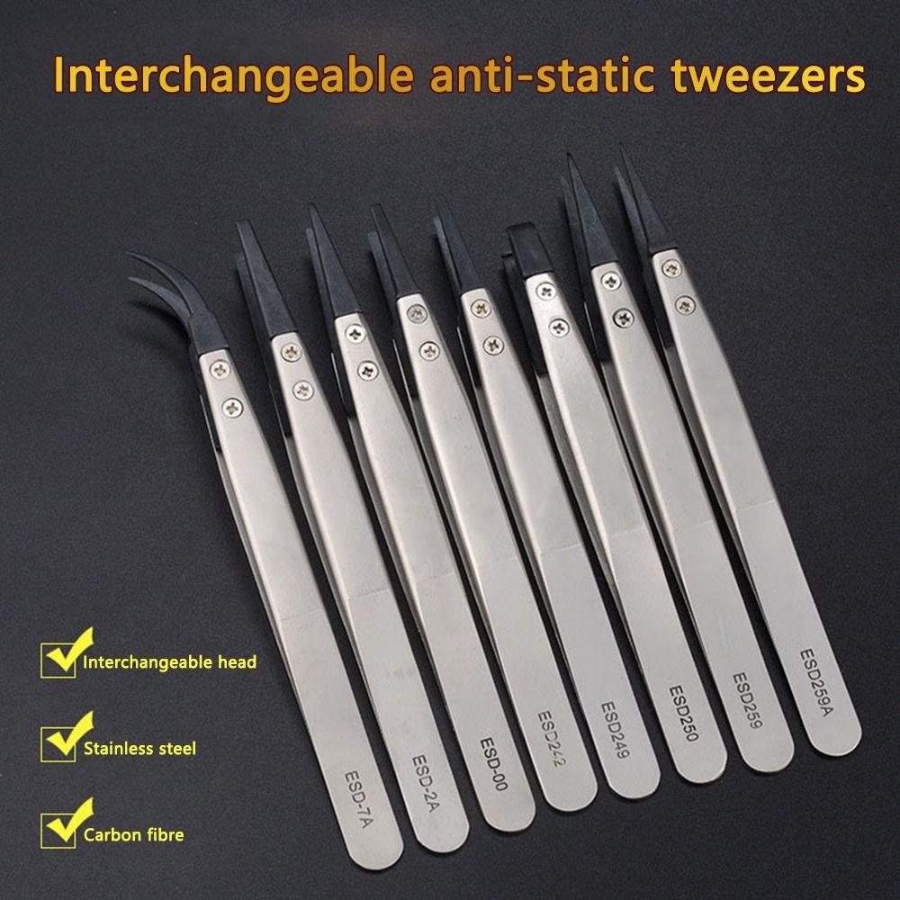 Full Hand Tool Parts Plastic Stainless Steel Replaceable Tips ESD Tweezers Carbon Fiber