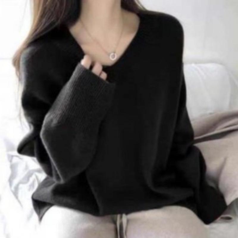 Casual V-neck Loose Pullover Knitted Women Sweater Autumn and Winter Fashion Bottoming Shirt Elegant Office Ladies Long Sleeve Sweater Solid Color Top