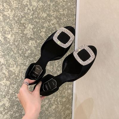 Spot Second Hair! Fashion Versatile New Korean Version Round Head Square Buckle Rhinestone Silk Satin Flat Bottom Hollow Single Shoes Women