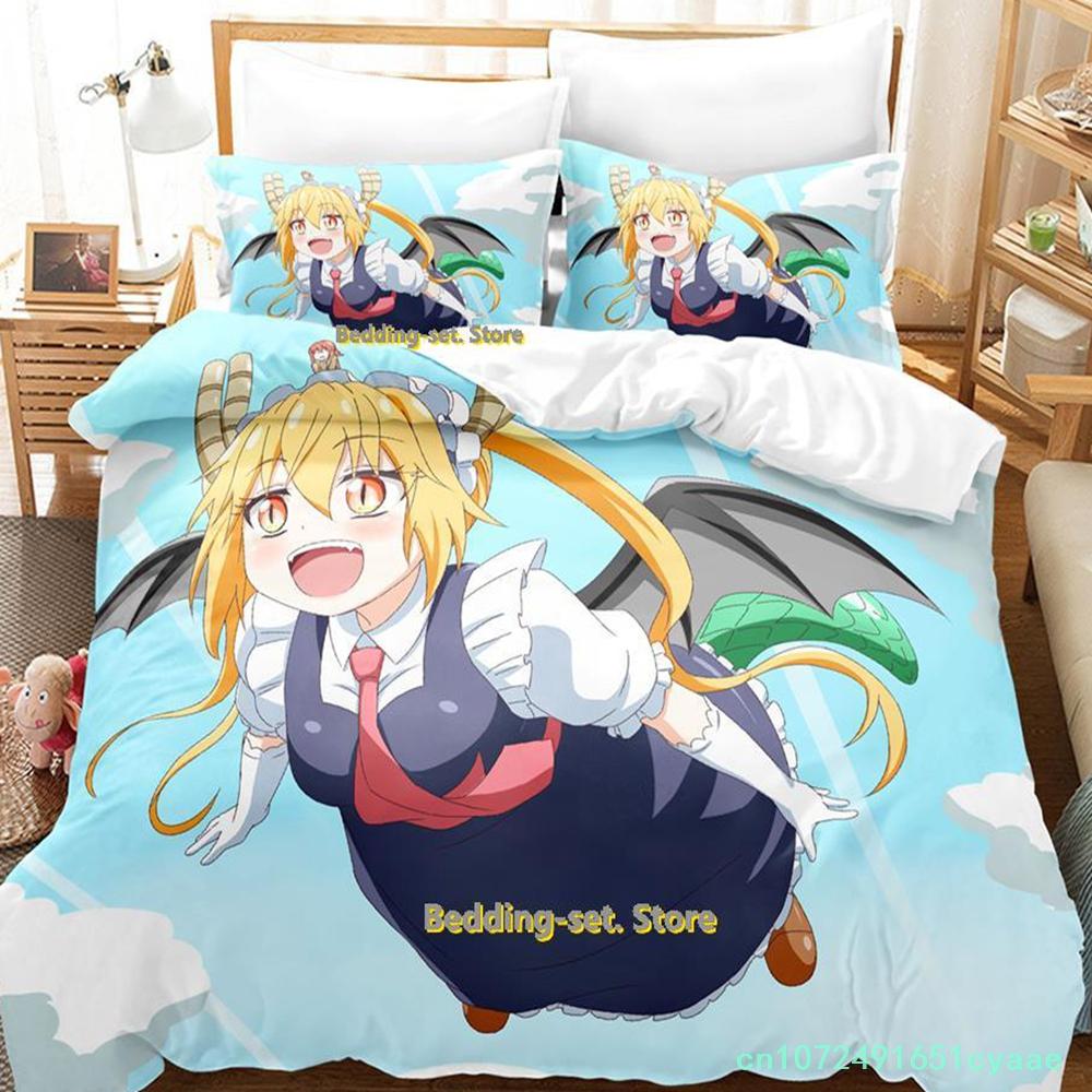 Miss Kobayashi's Dragon Maid Bedding Set Anime three-piece Set Adult Kid Bedroom Duvetcover Sets Kawaii Girls Conjunto De Cama