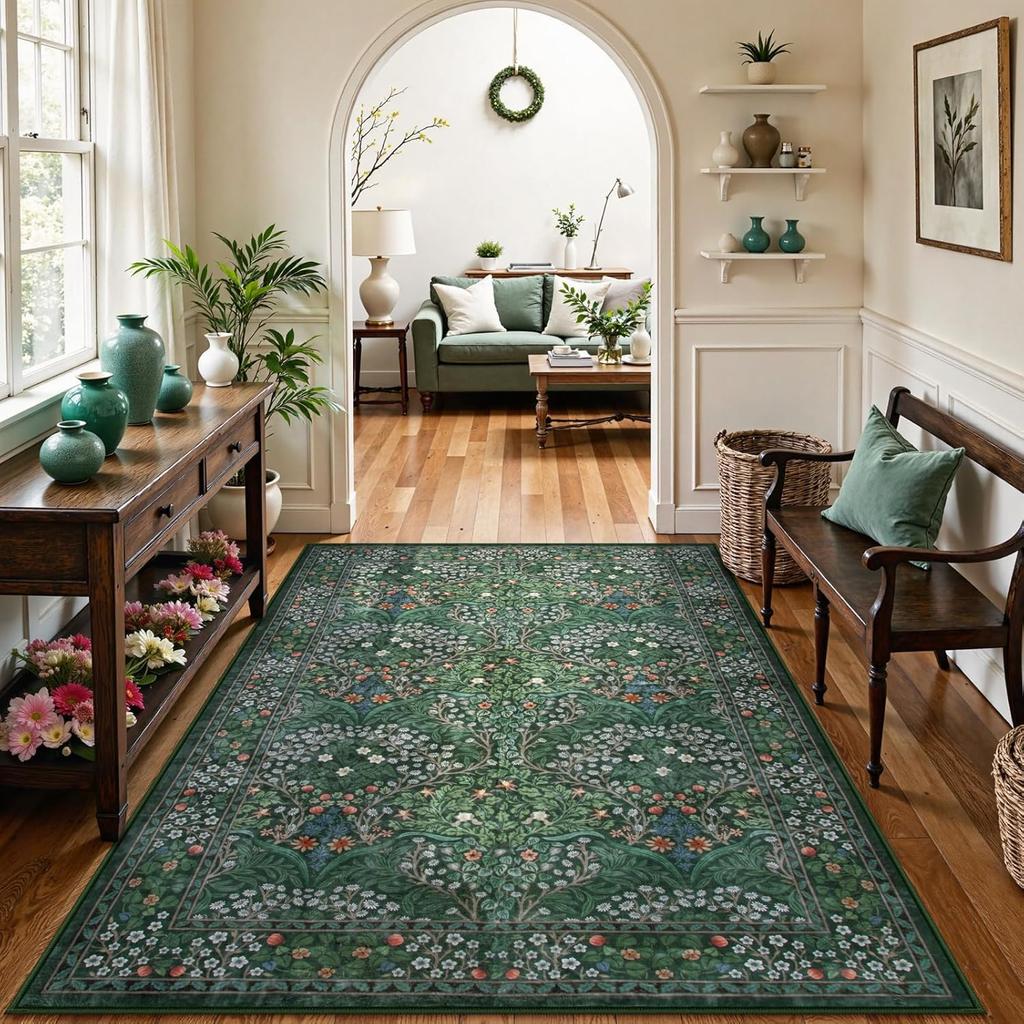Crystal Velvet Carpet Floral Dark Green Area Rugs , Soft Washable Rugs for Living Room Bedroom, Boho Non Slip Low Pile