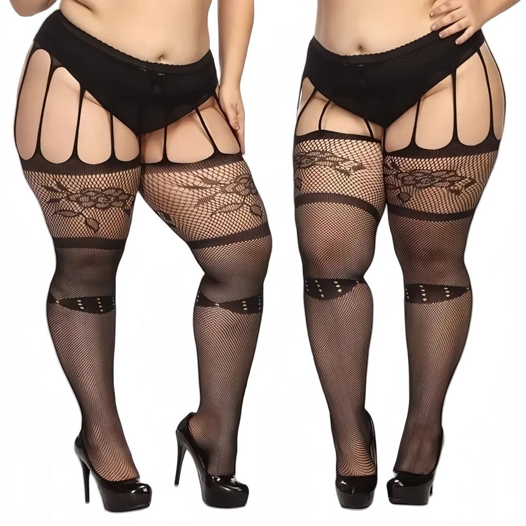Oversized Women Hollow Black Fishnet Pantyhose Plus Size Knee Thigh High Sheer Sexy Lace Stockings Lingerie Socks Tights 5Xxxxxl