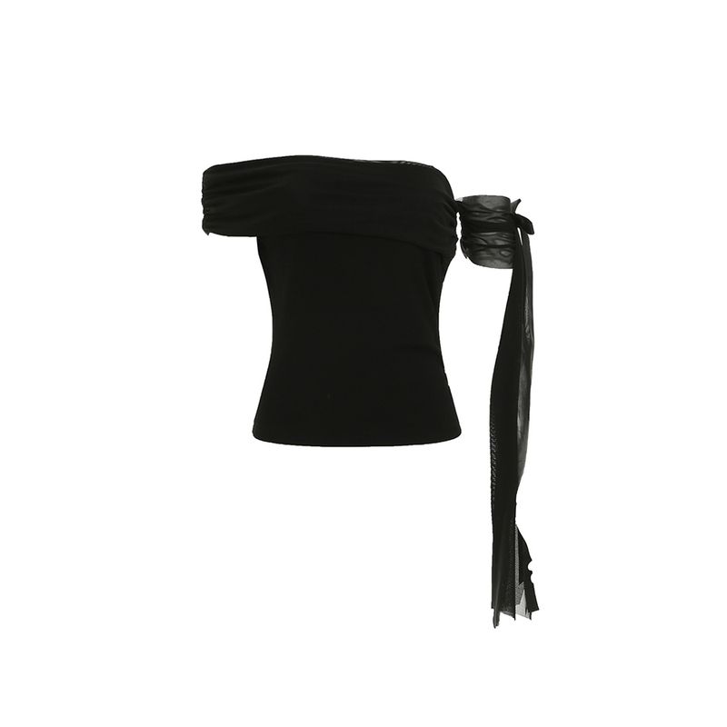 H Home European and American Women's Clothing Cool Fancy Oblique Shoulder Ribbon Design Tops Asymmetrical Ruched Pure Color Dancing T-shirt