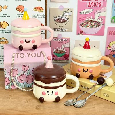 Birthday Cake Mug with Lid Cute Cup Ceramic Girl High Value Gift Water Cup for Girlfriend Coffee Cup