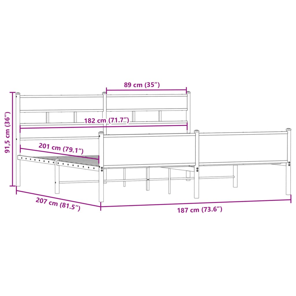 Metal Bed Frame without Mattress Smoked Oak Finish 180 x 200 cm