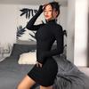 Women's Autumn Black High Neck Long Sleeve Slimming Dress - Hot Girl Style, Waist-Cinched, Hip-Hugging, Short Skirt