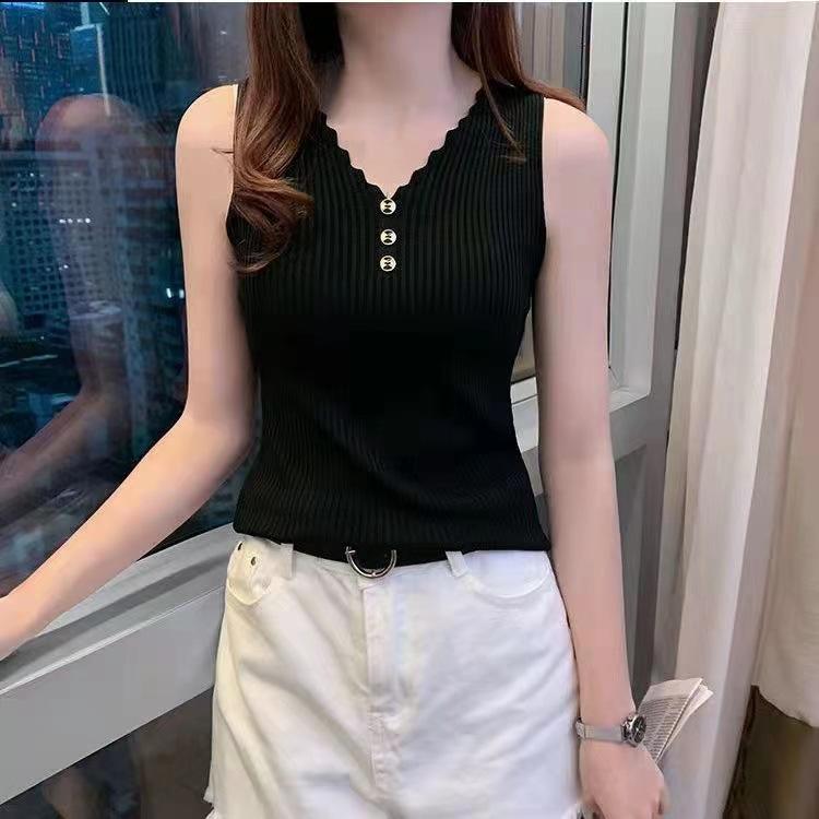 Summer Women's Bottoming Shirt V-neck Sleeveless Ice Silk Camisole Undershirt Sleeveless Knit Tops Vest Loose Elastic
