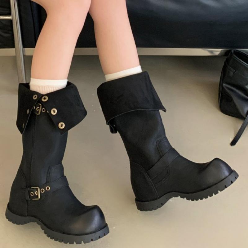 2025 autumn and winter new temperament two wear stacked boots women's versatile inner height increase retro western boots medium tube thin boots