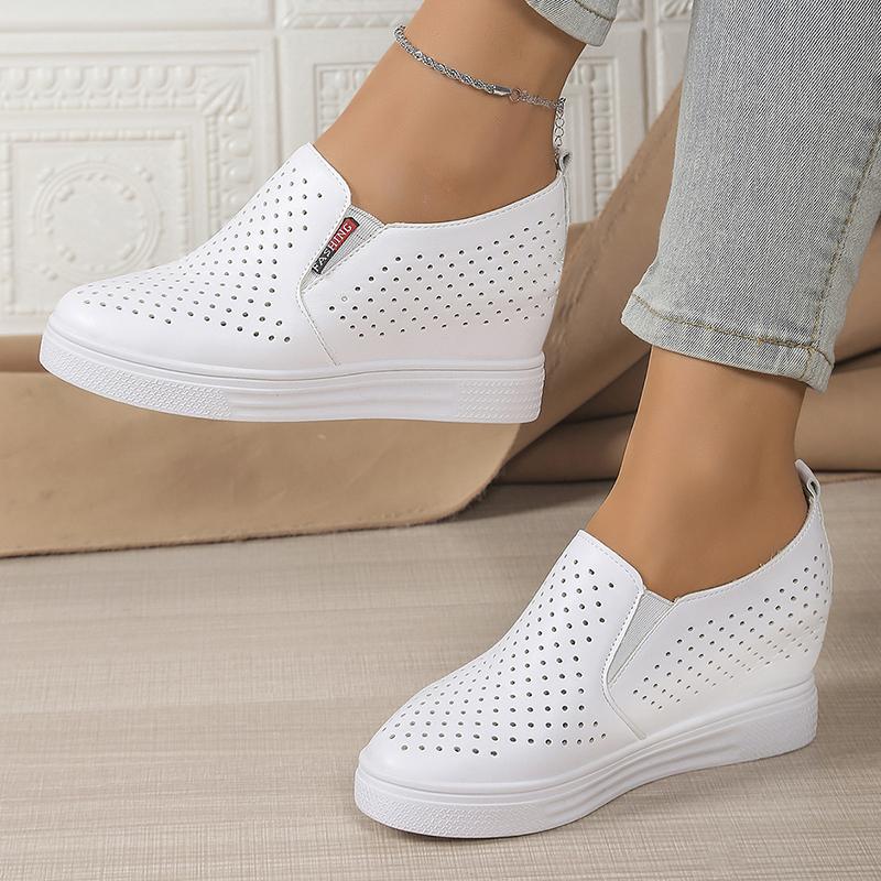 Pantofi sport cu platformă albă și talpă groasă, cu platformă ascunsă, pentru femei, culoare solidă, respirabil, casual, sport, confortabil, alunecare pe pantofi sport cu platformă albă