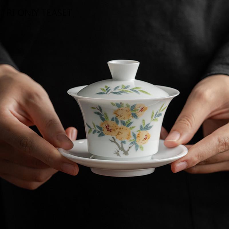 Chinese Ceramic Tea Tureen Handmade Flowers Teacup Suede Jade White Porcelain Gaiwan Travel Portable Tea Bowl Household Tea Set