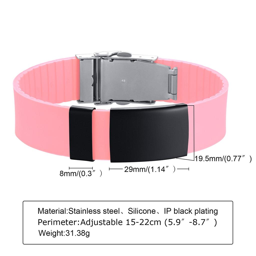 Custom Engrave Blank ID Bracelets for Women,Casual Silicone Wristband with Stainless Steel Medical Logo Tag,Length Adjustable
