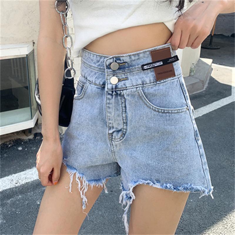 

Black Ripped Wide-leg Denim Shorts Women with Large Size High Waist A-line Breasted Hot Pants Ins Trendy S синій