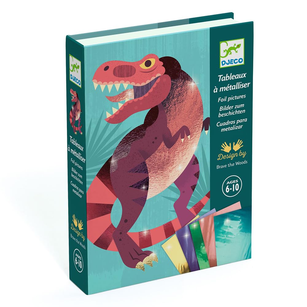 DJECO Jeco Foil Picture Jurassic Sticker Craft Dinosaur Collage Glitter Sticker Kit Dinosaur Kit Drawing Age 5 6 7 8 Boys School Entrance Gift