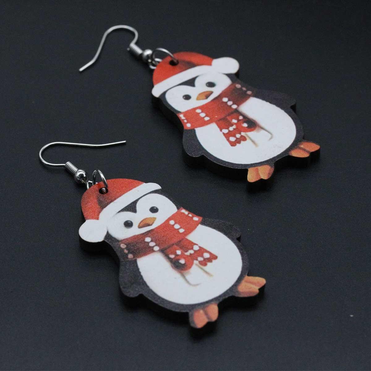 

1 Pair of Cute Cartoon Christmas Penguin Wooden Pendant Earrings with Simple Style, Suitable for Daily Wear All Year Round