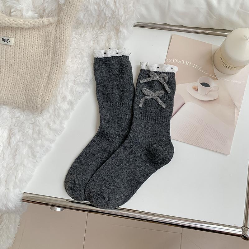 

Lace Mid-calf Socks, Bow Ballet-style Socks for Women, Thickened Autumn and Winter Warm Cloud Velvet Polka Dot Pile Socks 1 pair темно серый