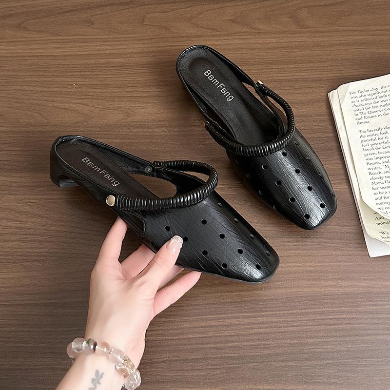 2025 summer new square head one-word buckle belt comfortable shallow mouth single shoes women's shoes hollow Mary Jane shoes low heel sandals