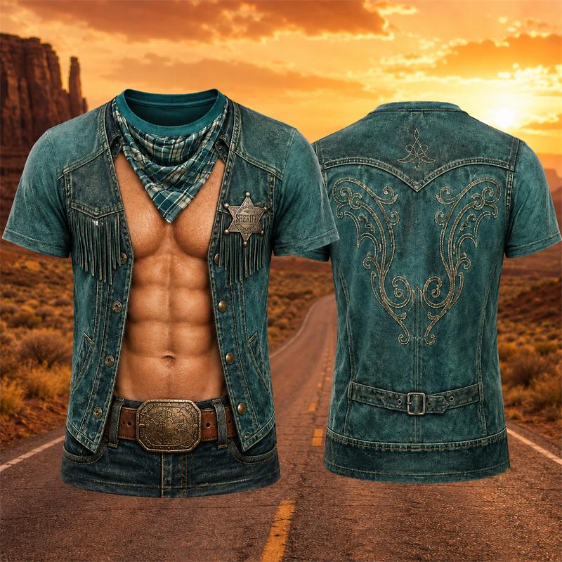 T-shirt d'été Rétro Motif Cowboy Faux Hommes Impression 3D Graphique Muscle Drôle Manches Courtes Cosplay Western Fête Décontracté Street Top