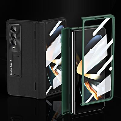 Luxury Leather Hard Plastic Shockproof Protective Cover for Samsung Galaxy Z Fold 4 Case with Screen Protector Bracket