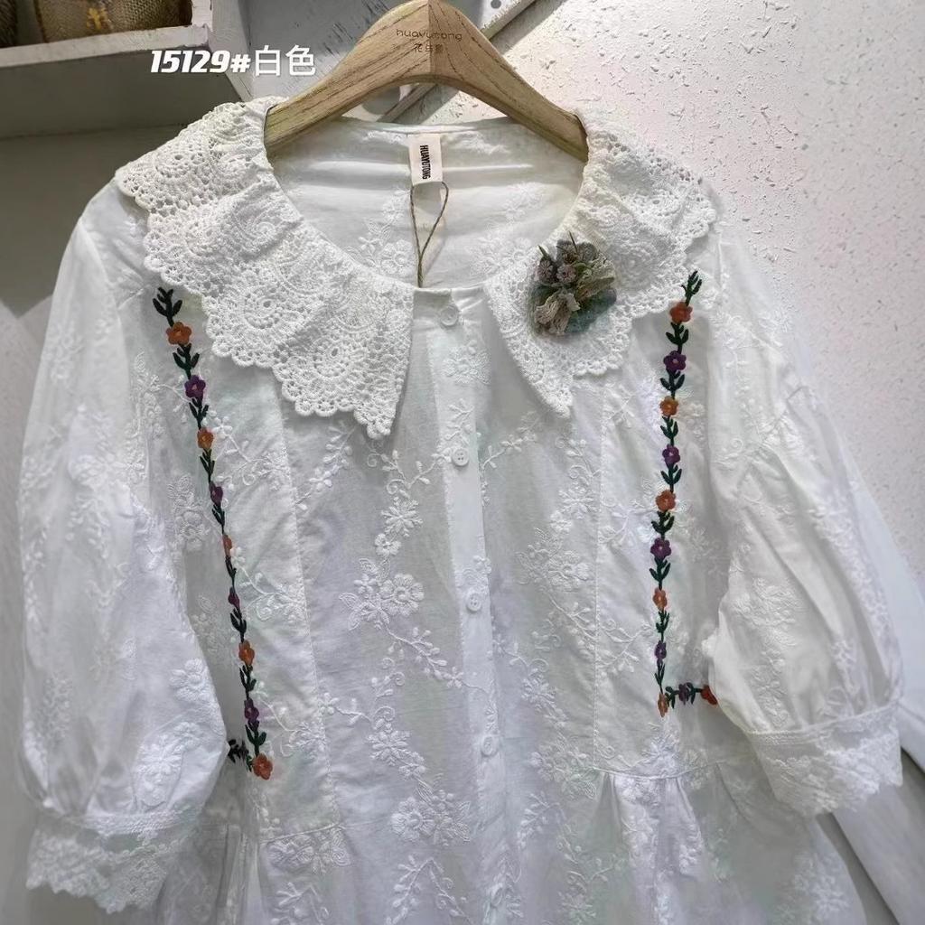 Huimei 1116 summer new women's lapel Japanese cotton and linen shirt loose shirt top ins embroidery literary style