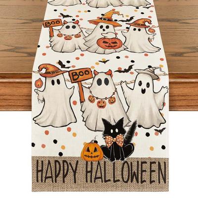 Halloween Tischläufer Kürbis Geister Muster Leinen Waschbar Horror Tischdecke