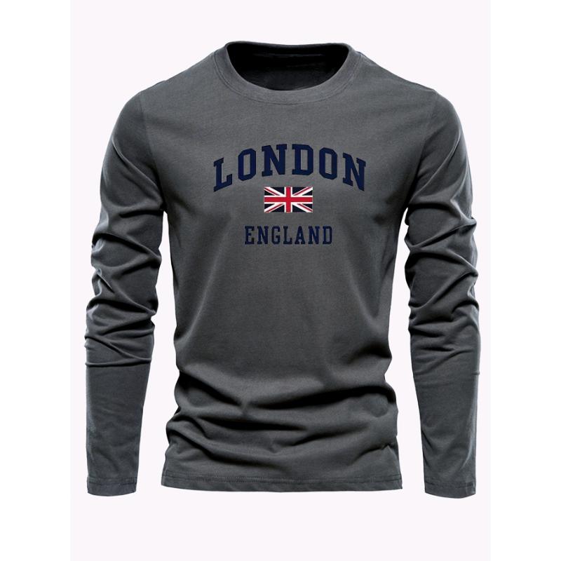 

Men s 100% pure cotton loose fit plus size casual sports London ENGLAND letter printed round neck long sleeved T-shirt top XL