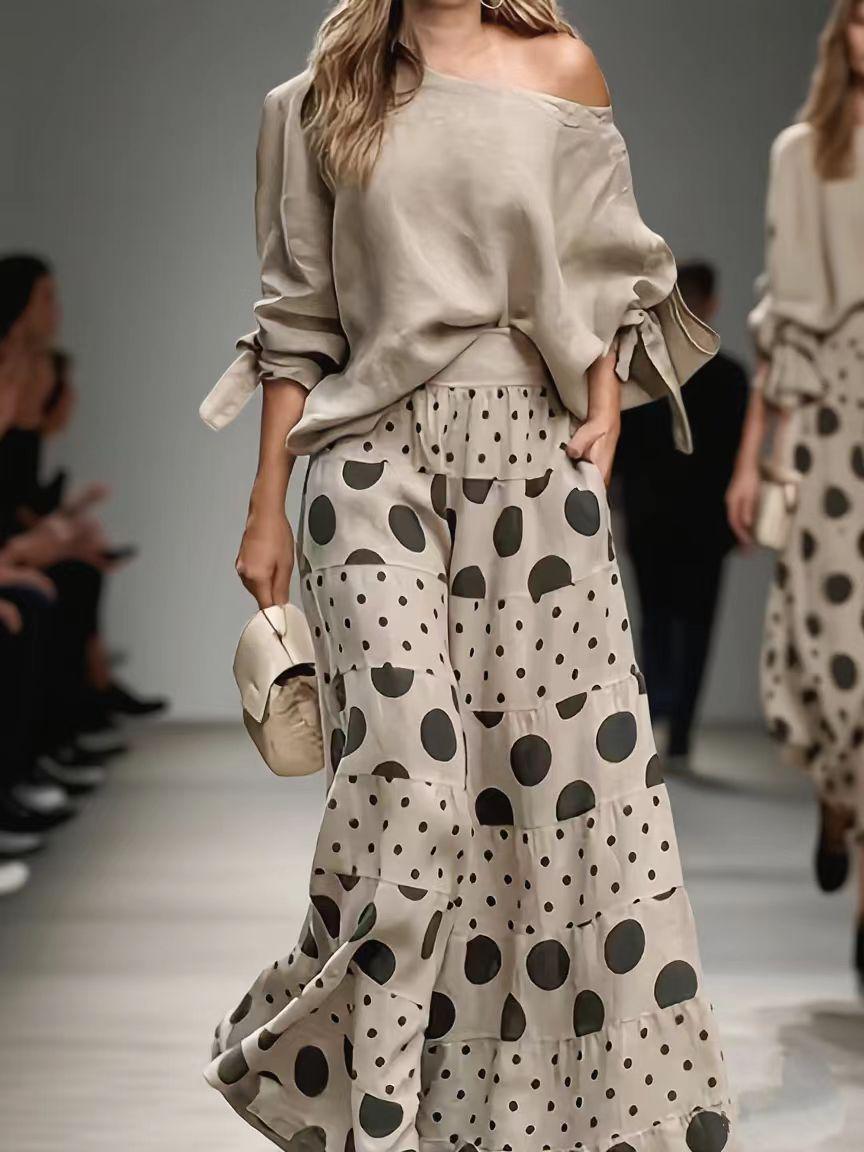 

2025 European & American Women s Polka Dot Casual 2-Piece Set with Shoulder Detail & Pocket Pants Fashion M абрикосовий