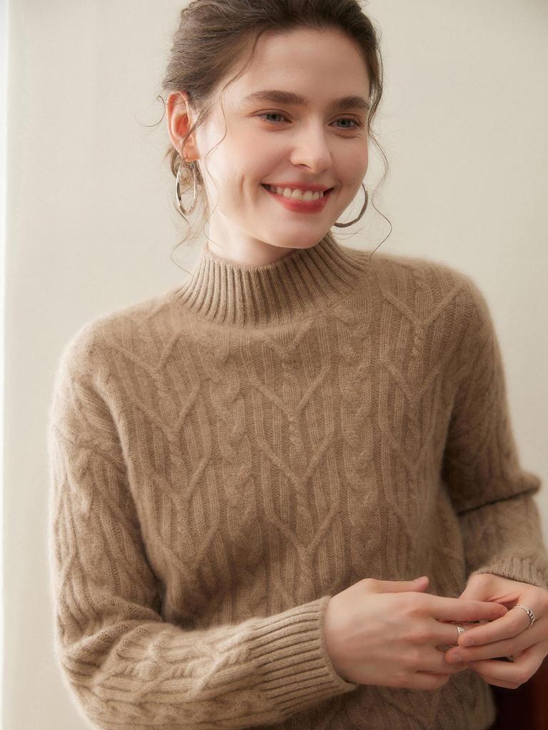 Women's Thickened Half-High Neck Cable Knit Cashmere Sweater - Soft, Versatile Autumn/Winter Pullover
