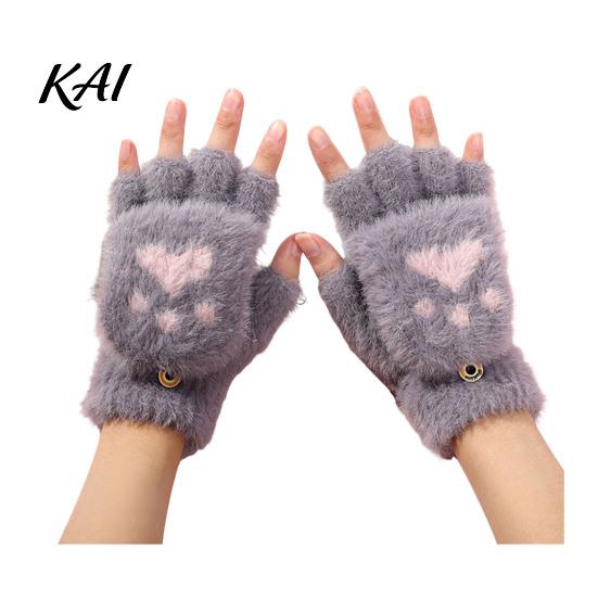 Practical Gift for Winter Furry Cat Paw Thermal Gloves, Flip Top Mitten with Button Women, Half Finger Writing Gloves Students Plush Cute Bear
