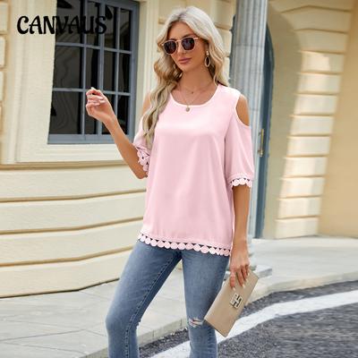 Summer Women's T-shirt Strapless Round Neck Lace Patchwork Loose Top