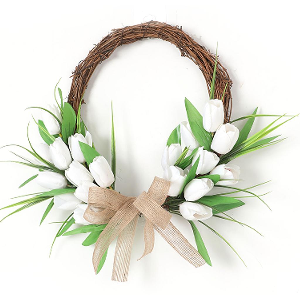 Front Door Wreath Hanging Decoration Simulated Flower Holiday Spring Home Decoration White with Rattan Hoop