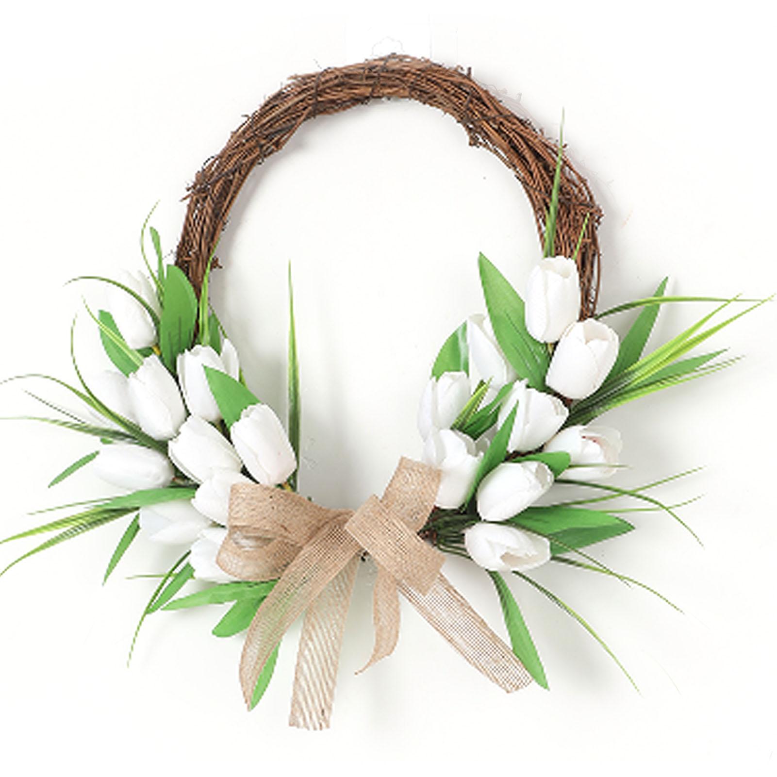 

Front Door Wreath Hanging Decoration Simulated Flower Holiday Spring Home Decoration White with Rattan Hoop