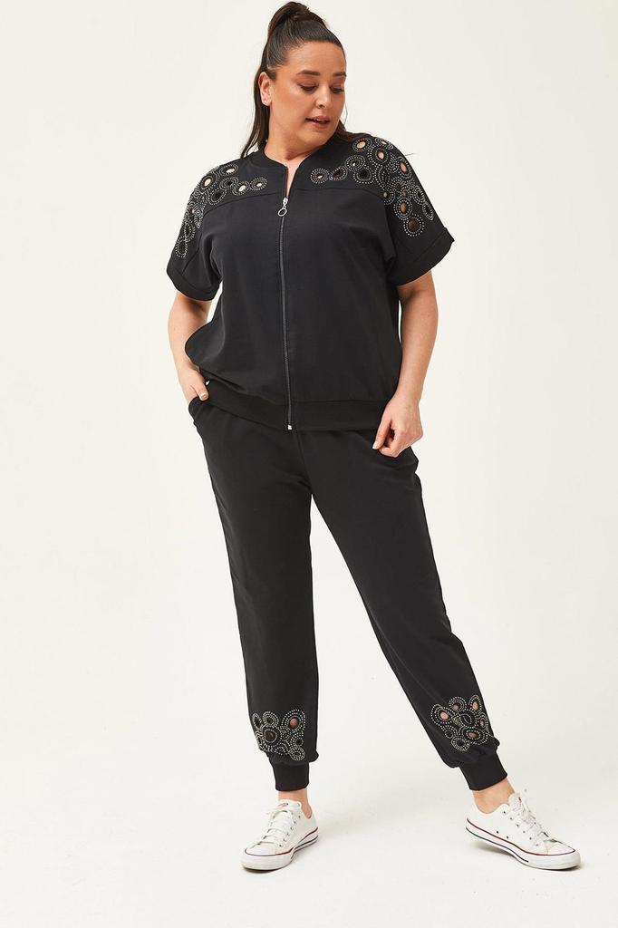 Women's Fashion Big Size Tracksuit Set Large Size Transparent Cut Stone Printed Summer Short Sleeve Green Tracksuit Set