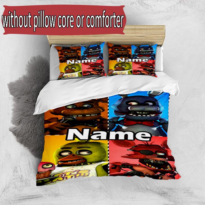 3'lü Nevresim Takımı (1*Nevresim Kılıfı + 2*Yastık Kılıfı, Çekirdeksiz), Özel İsimli Five Nights at Freddy's Desenli Nevresim Takımı, Ev Yatak Odası Dekorasyonu Hediye