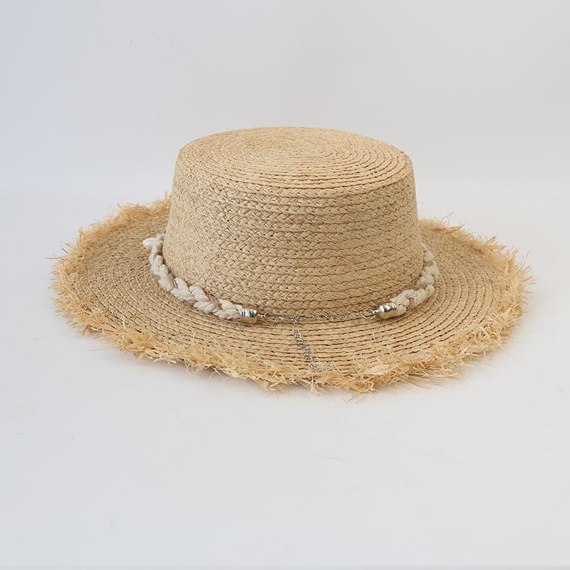 Women's 100% Natural Raffia Flat Straw Hat Shell Decoration Holiday Summer Beach Sun Hat for Women Hand Woven Boat Hat Wedding