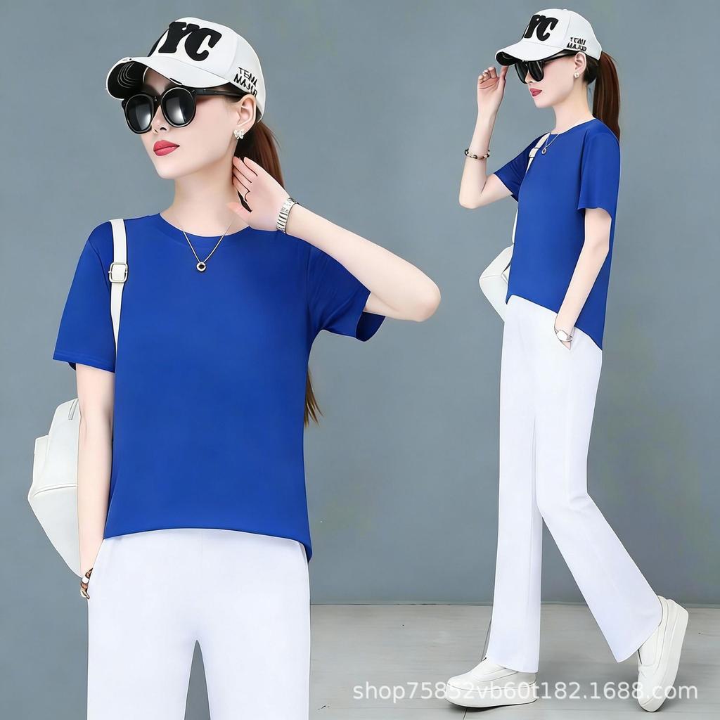 Summer sports and leisure suit Thin simple fashion loose large size square dance clothing women's short-sleeved straight pants