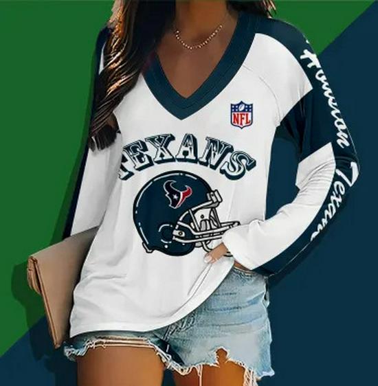 2024 Women's V-Neck NFL Team Long Sleeve T-Shirt with 3D Print Design