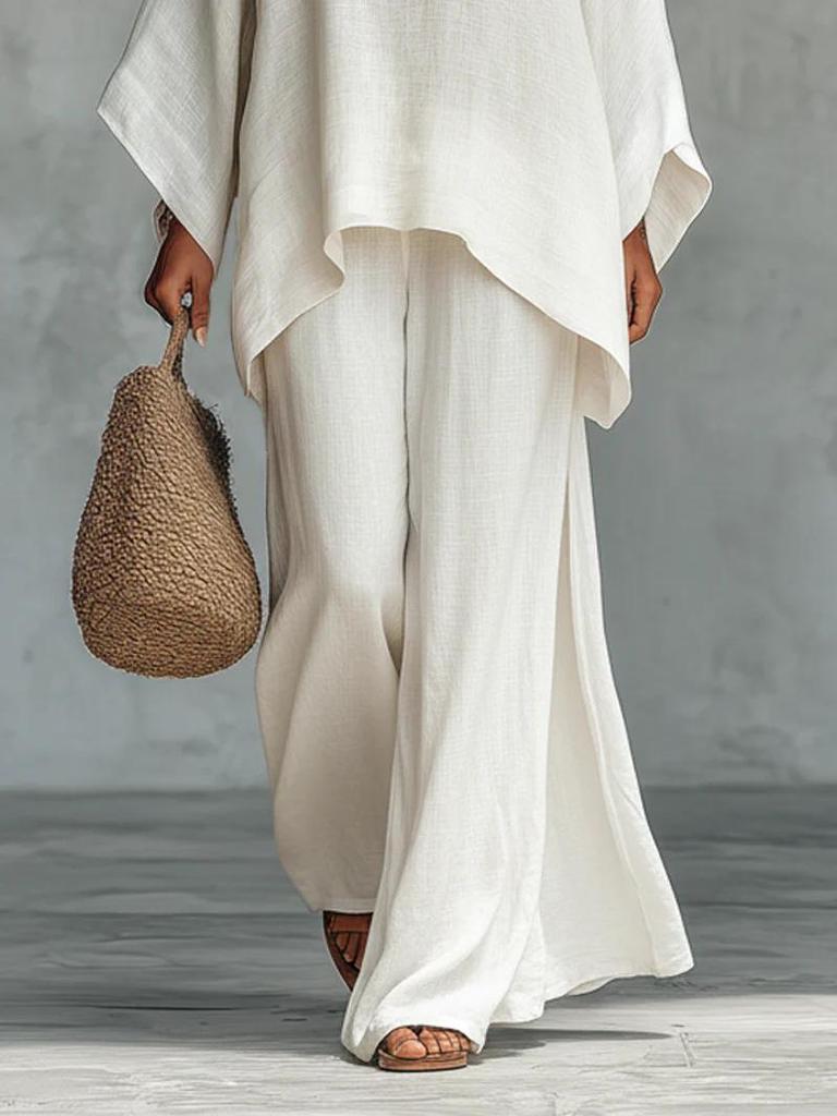 2026 Women's Casual Linen Blend Shirt & Wide-Leg Pants Set