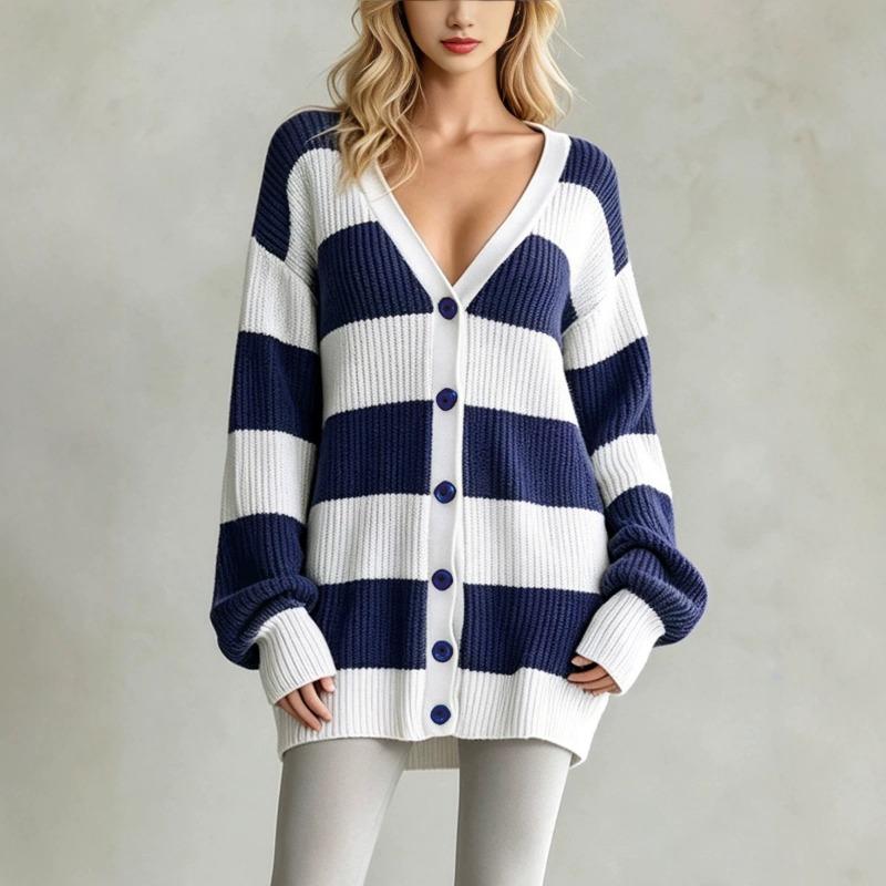 Women's clothing autumn and winter new lazy wind striped knitted sweater long-sleeved breasted cardigan sweater jacket
