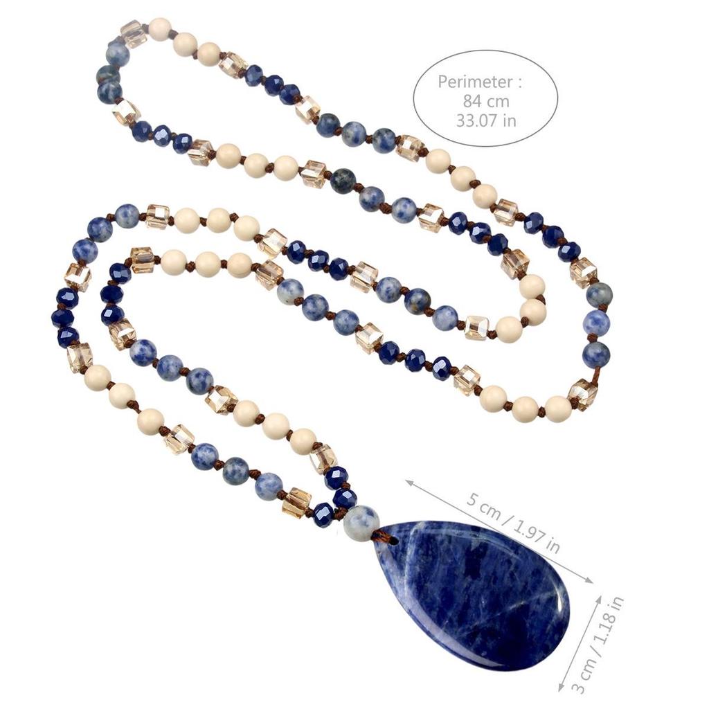 European Ethnic Blue Veined Stone Water Drop Pendant Necklace for Women - Hand-Knotted Natural Stone Sweater Chain Jewelry