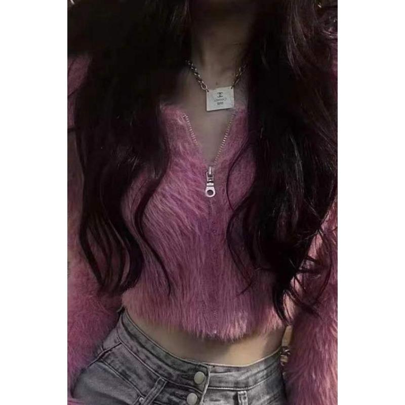 Herbst Winter Reißverschluss Rundhals Crop Pullover Langarm Mode Damen Lässige Strickjacke Kurze Strickjacke Slim Fit Elegant Streetwear Uni Kleidung