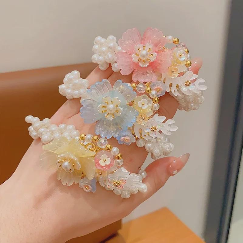 Vintage Floral Pearl Hair Ring for Girls - Elastic Bun Accessory