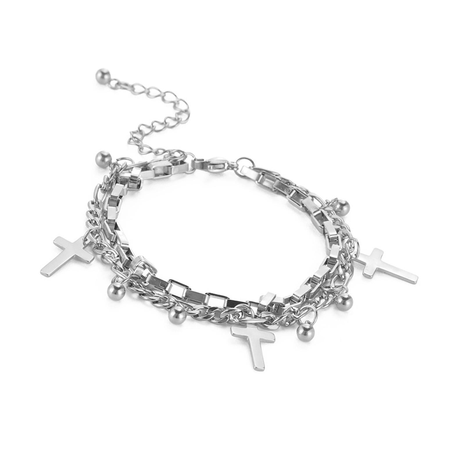 

Модный браслет с подвесками в виде крестов Женский модный браслет с подвесками в виде крестов Элегантный двухслойный браслет-манжета Аксессуар серебряный