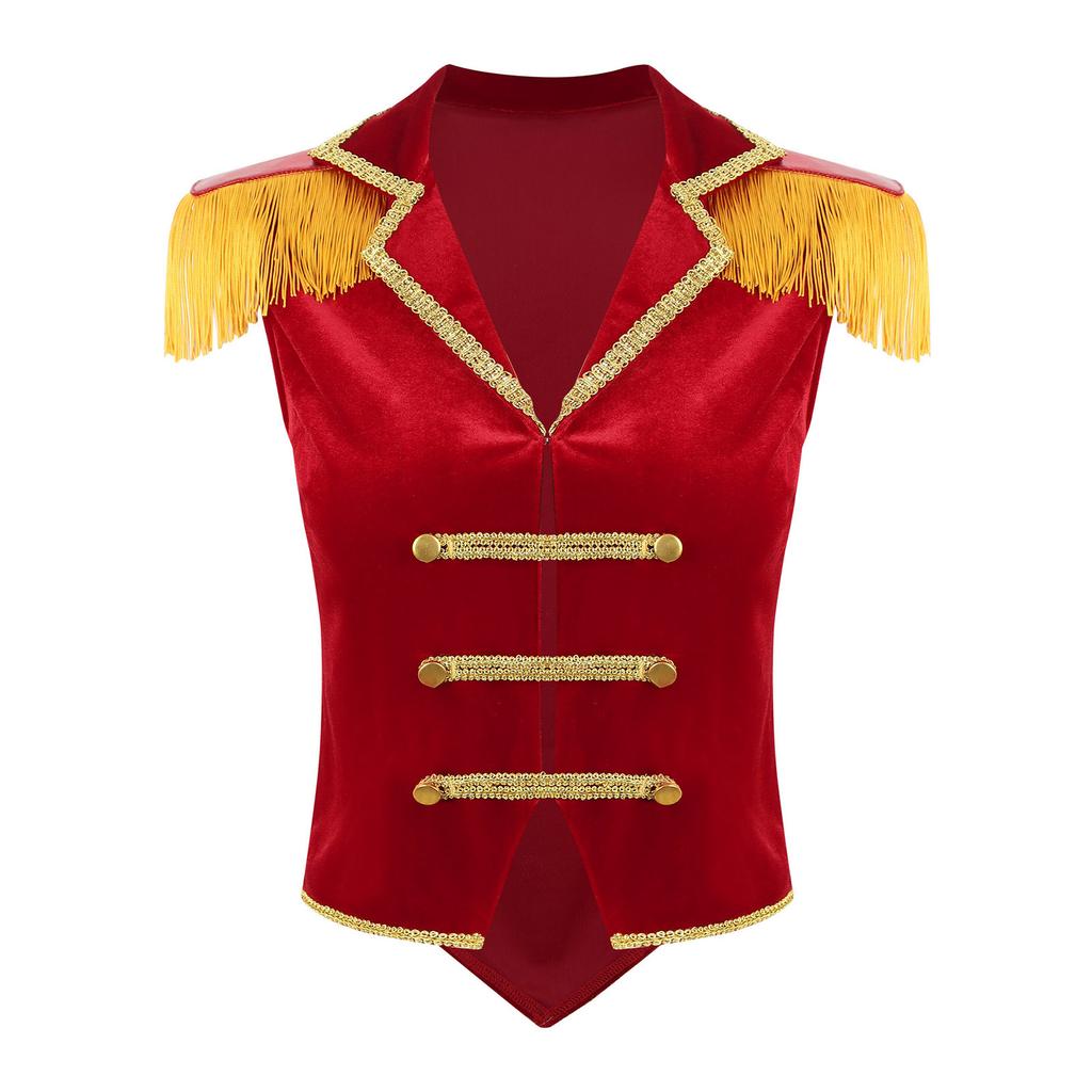 Womens Circus Ringmaster Vest Lapel Sleeveless Tassels Velvet Waistcoat Irregular Hem Button Design Cosplay Costume