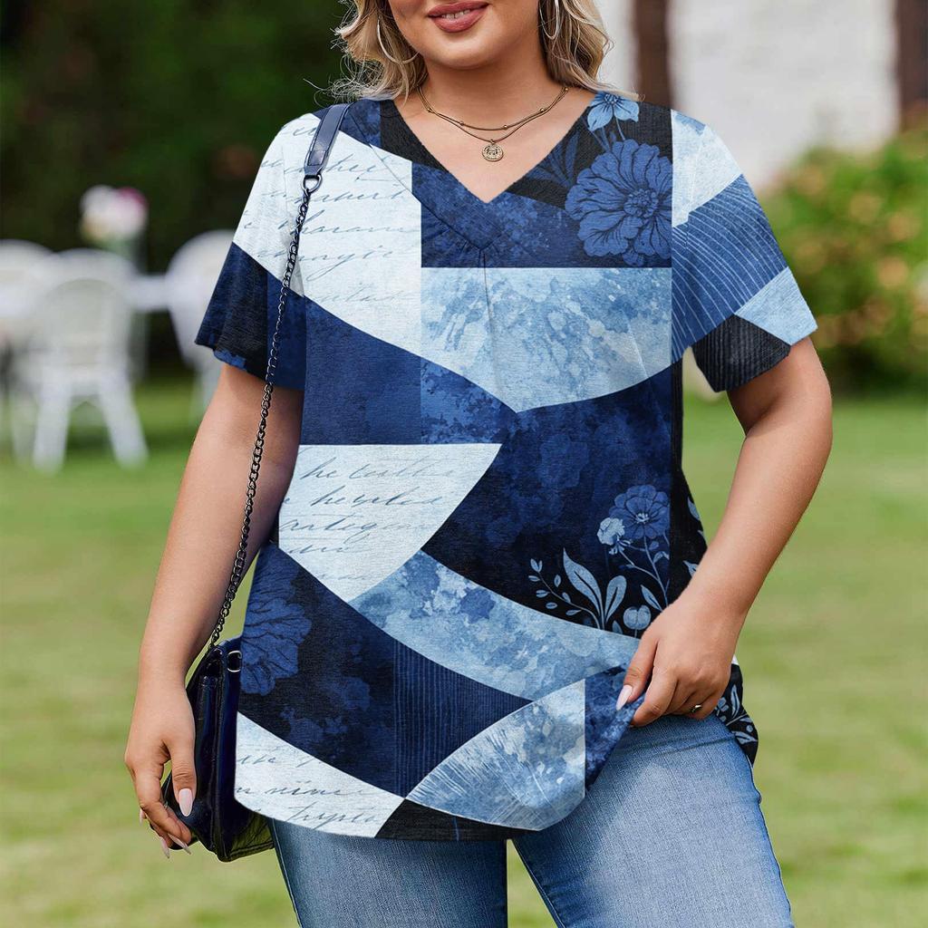 Women's Plus Size Fashionable Casual Loose-Fit Short Sleeve Elegant V Neck Blouse For Work
