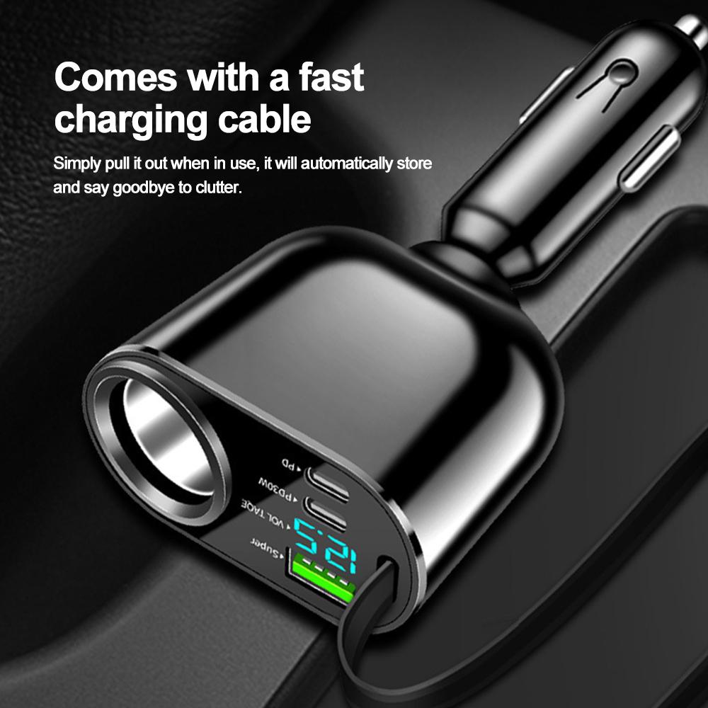 5-Port Autoladegerät mit einziehbarem Typ-C-Kabel PD Schnellladung Superschneller Handy-Autoladeadapter für Xiaomi Samsung Huawei
