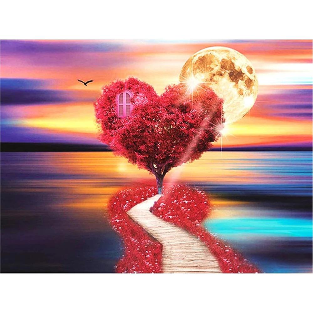 

Полная квадратная алмазная живопись Дерево Сердце 5D DIY Алмазная вышивка крестиком Пейзаж Закат Мозаика Настенный Декор Full Square 20X30CM