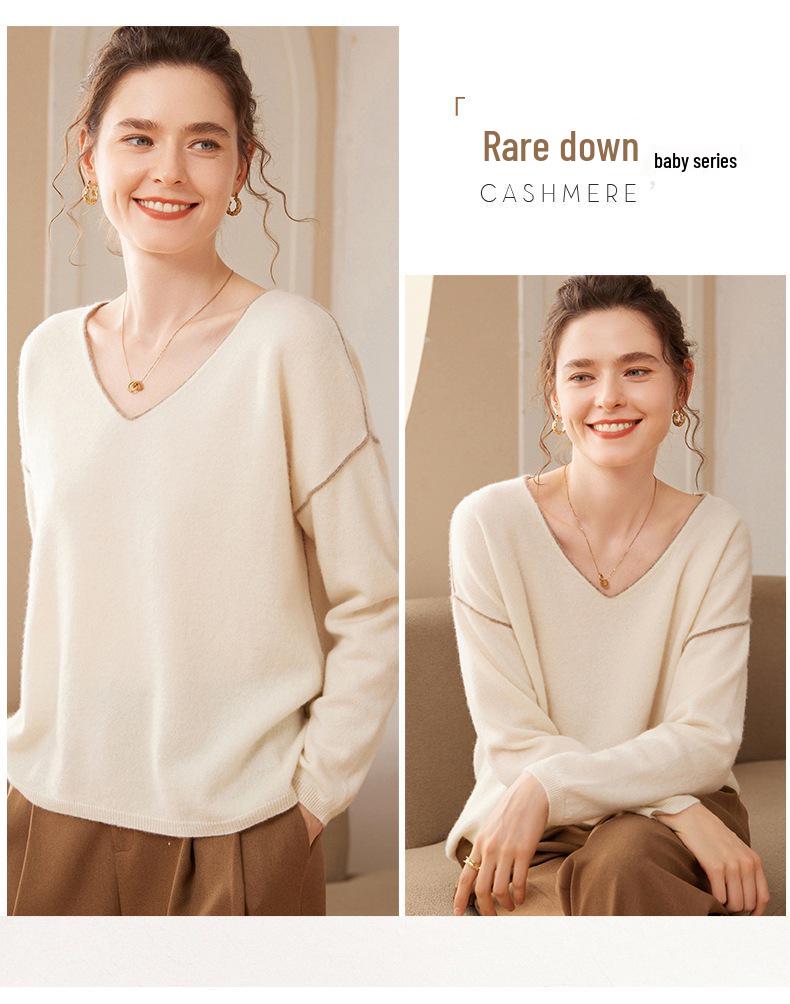 Women's V-Neck Cashmere Knit Pullover - Loose Fit, Long Sleeve, Autumn/Winter Fashion