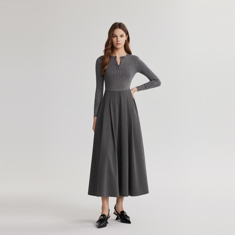 ELLE Solid Color Round Neck Waist Cinching Simple Pleated Knit Long Sleeve Dress Women dresses Dark-Gray EL49083
