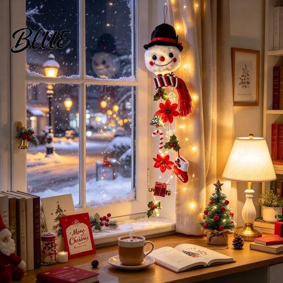 Snowman Wall Hanging Christmas Decor with String Light Glowing Plush Lights Hanging Winter Ornament Top Hat & Striped Scarf
