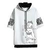 Men Summer Hoodie Cartoon Cat Letter Print T-shirt Hooded Drawstring Short Sleeve Pullover Tops Streetwear